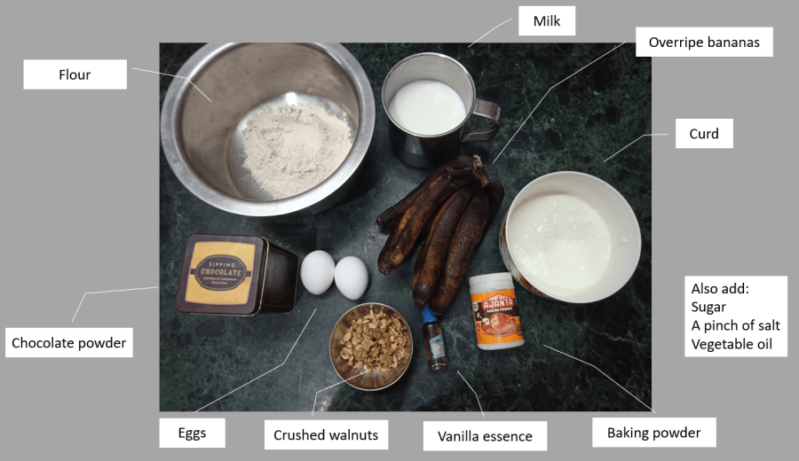 labelled ingredients for the banana walnut cake
