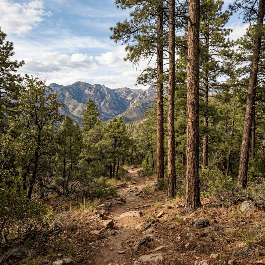 Mountain trail with pine trees and rocky peaks under partly cloudy sky
